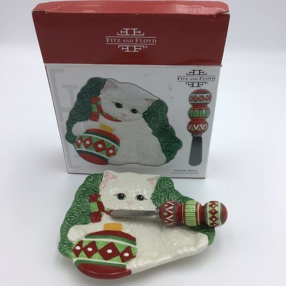 Fitz and Floyd Snack Plate with Spreader Yuletide Kitten - Picture 1 of 6